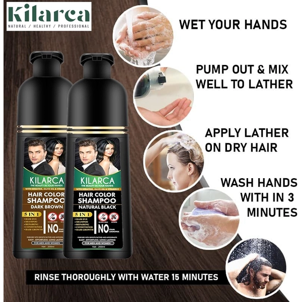 black and dark brown Kilarca 5 in 1 Dark Brown Hair Color Shampoo 200 ML - Image 4