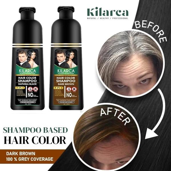 black and dark brown 2 Kilarca 5 in 1 Dark Brown Hair Color Shampoo 200 ML - Image 5