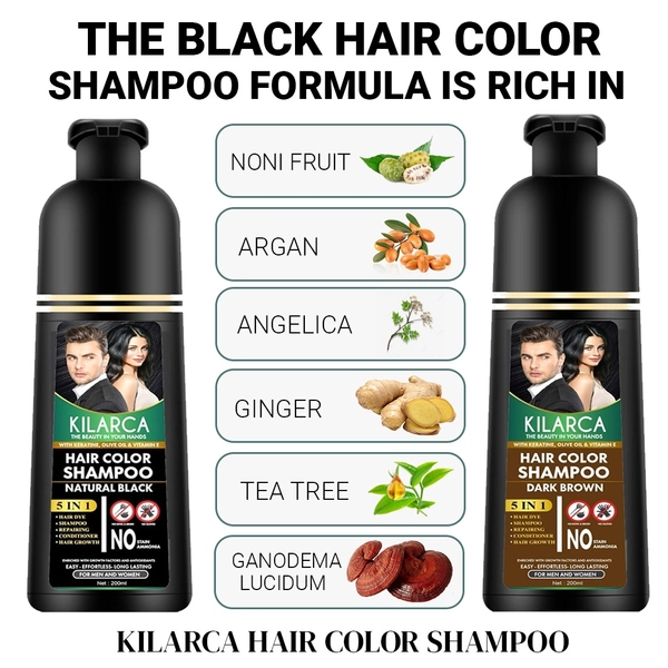 black and dark brown with ingredients Kilarca 5 in 1 Dark Brown Hair Color Shampoo 200 ML - Image 3