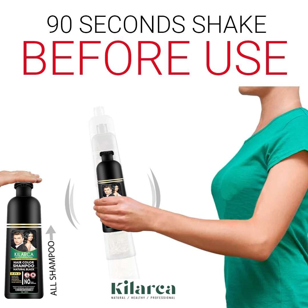 shake it before use Kilarca 5 in 1 Dark Brown Hair Color Shampoo 400 ML - Image 2